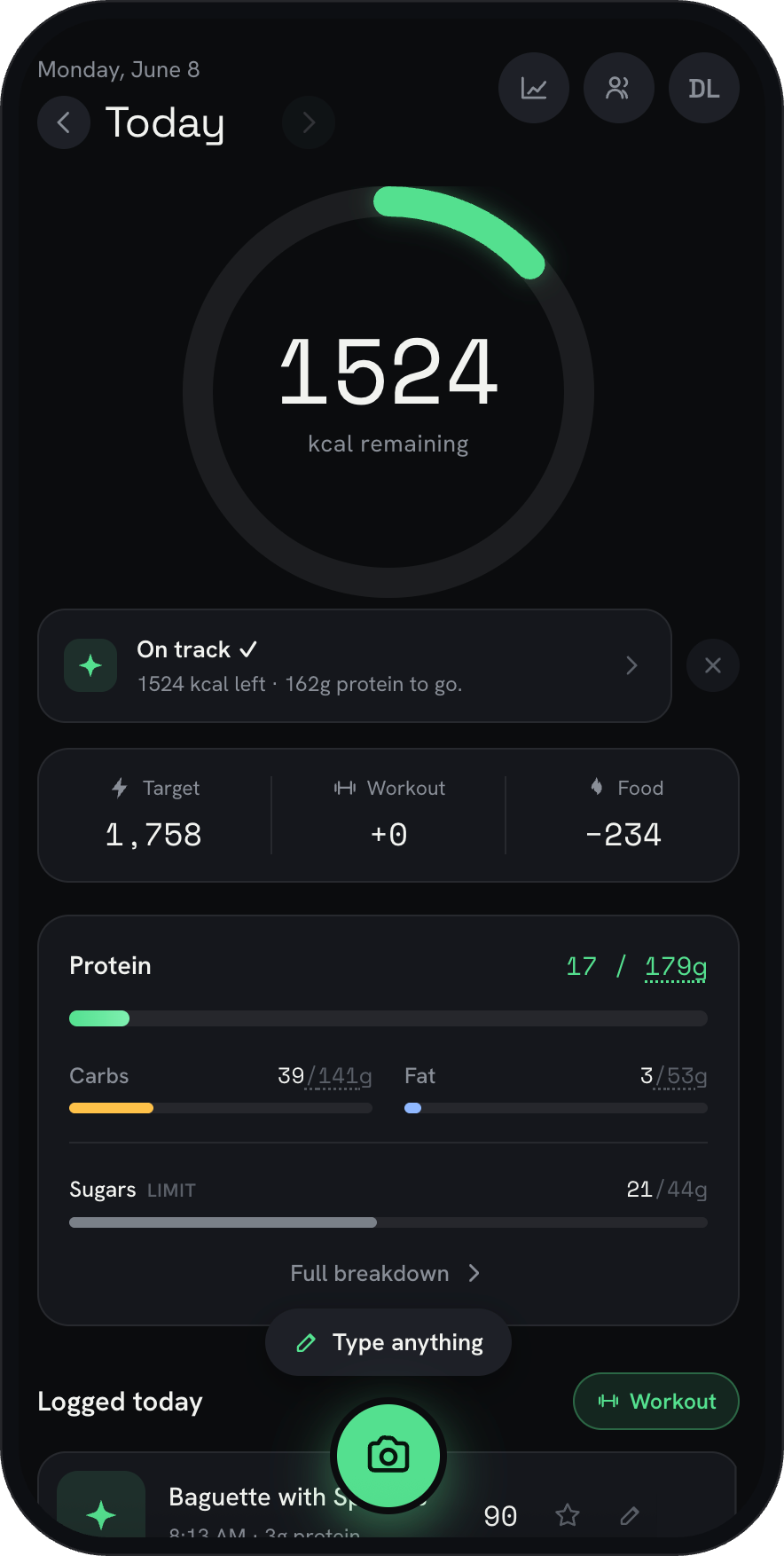 The calories.coach dashboard on a phone — calorie ring, on-track coach note, macros, quick log and camera button